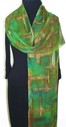 Mystic Woods Hand Painted Silk Scarf - size EXTRA LONG 11x87 in Green and Brown