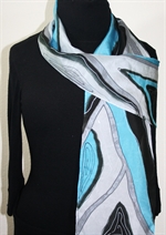 Winter Skies Hand Painted Silk Scarf - size 8x53 in Steel Blue and Black