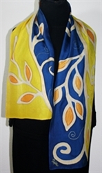 Golden Willows Hand Painted Silk Scarf - size 11x59 in Blue and Yellow