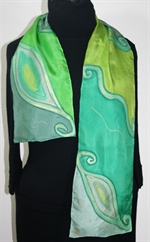 Sunrise Stroll Hand Painted Silk Scarf - size 8x53 in Green, Lime and Steel Green