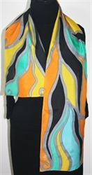 New Beginning Hand Painted Silk Scarf - size 12x59 in Orange, Teal and Black