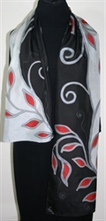 Tender is the Night Hand Painted Silk Scarf - size 14x70 in Black, Gray and Red