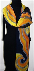 Midnight Flames Hand Painted Silk Scarf - size EXTRA LONG 11x87 in Yellow, Orange and Navy Blue