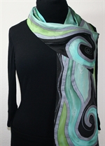 Forest Tale Hand Painted Silk Scarf - size 8x52 in Steel Green and Black