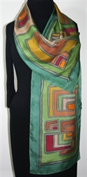 Joy Story Hand Painted Silk Scarf - size 14x70 in Green, Brown and Terracotta