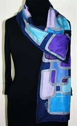 Jazz Club Hand Painted Silk Scarf - size 11x59 in Blue and Purple 