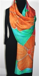Spring Memories Hand Painted Silk Scarf - LARGE SIZE silk wrap 22x70 in Turquoise, Fuchsia and Orange Terracotta