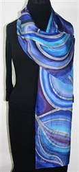 Moon Waves Hand Painted Silk Scarf - size 14x70 in Blue and Purple