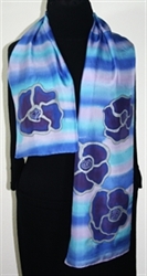 Airy Flowers Hand Painted Silk Scarf - size 11x59 in Blue and Purple