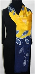 Love Tree Hand Painted Silk Scarf - size 14x70 in Yellow and Navy Blue