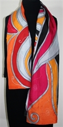 Retro Gorgeous Hand Painted Silk Scarf - LARGE SIZE silk wrap 21x70 in Orange, Red and Fuchsia