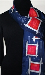 Hand Painted Silk Scarf Night Dance in Navy Blue and Red - 3