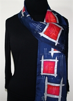 Hand Painted Silk Scarf Night Dance - size 8x53 in Navy Blue and Red
