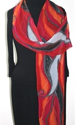Whispering Winds Hand Painted Silk Scarf in Red, Gray and Black - 3
