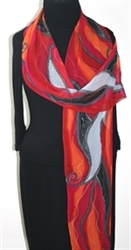 Whispering Winds Hand Painted Silk Scarf - size EXTRA LONG 11x86 in Red, Gray and Black