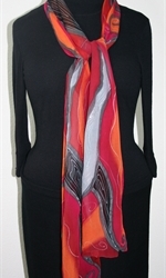 Whispering Winds Hand Painted Silk Scarf in Red, Gray and Black - 2