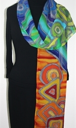 Retro Revamped Hand Painted Silk Scarf in Red, Blue and Green- 3