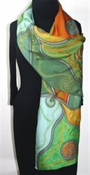 Autumn Weave Hand Painted Silk Scarf in Terracotta and Green - LARGE SIZE silk wrap 21x70