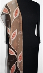 Coffee Tree Hand Painted Silk Scarf in Tan, Chocolate and Brown - 4