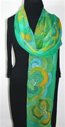 Hand Painted Silk Scarf Green Memories in Green, Yellow and Turquoise - size EXTRA LONG 10x85 