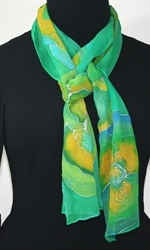 Hand Painted Silk Scarf Green Memories in Green, Yellow and Turquoise - 1