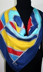 Parisian Mosaics Hand Painted Silk Scarf in Blue, Red and Yellow - 2