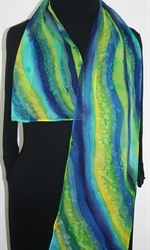 Morning Landscape Hand Painted Silk Scarf in Blue, Green and Yellow - 3