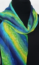 Morning Landscape Hand Painted Silk Scarf in Blue, Green and Yellow - 1
