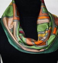 Green Hand Painted Silk Scarf. Size 14x70. Joy Story Silk Scarf in Green, Brown and Terracotta. Made in Colorado. 100% silk. MADE TO ORDER.