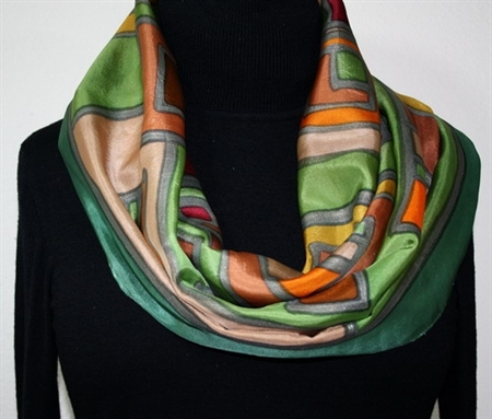 Green Hand Painted Silk Scarf. Size 14x70. Joy Story Silk Scarf in Green, Brown and Terracotta. Made in Colorado. 100% silk. MADE TO ORDER.
