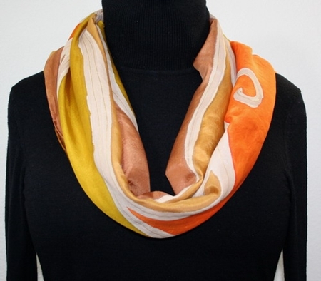 Hand Painted Silk Scarf September Winds in Orange, Brown and Terracotta. Size 14x70. Made in Colorado. 100% silk.