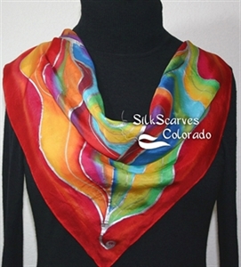Red Hand Painted Silk Scarf. Red, Yellow, Green, Purple, Blue Handmade Scarf PASSION WINDS. Size 22x22 square. Silk Scarves Colorado.