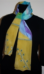 Beige Silk Scarf with Abstract Figures in Blue, Purple and Green