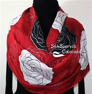 Red Silk Scarf. Black Hand Painted Scarf. White Handmade Silk Shawl FLYING ROSES. Extra Large 22x72. Birthday, Bridesmaid Gift. Gift-Wrapped