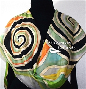 Black Silk Scarf. Green Hand Painted Silk Scarf. Gold Silk Shawl. BEAUTIFUL DAY. Large 14x72. Birthday Gift. Free Gift Wrapping.