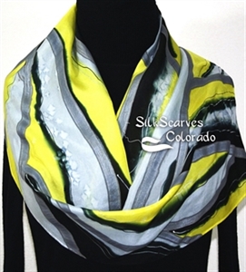 Yellow Silk Scarf. Grey Hand Painted Silk Shawl. Hand Dyed Silk Scarf WINTER MORNING Size 11x60. Birthday Gift. Gift-Wrapped.