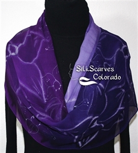 Purple Silk Scarf. Hand Painted Chiffon Silk Shawl. Lavender Hand Dyed Silk Scarf DREAM FLOWERS. Large 14x72. Birthday Gift. Gift-Wrapped
