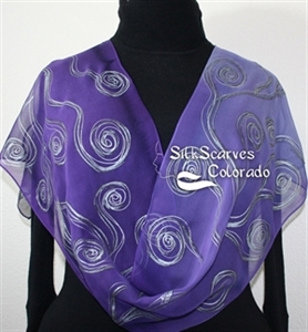 Purple Silk Scarf. Lavender Hand Painted Silk Shawl. Handmade Chiffon Silk Scarf PURPLE WAVES, Size 11x60. Birthday Gift Scarf, Gift-Wrapped 