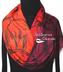 Red Silk Scarf. Burgundy Hand Painted Silk Shawl. Handmade Silk Scarf FLOWER MEADOW. Size 11x60. Bridesmaid Gift. Gift-Wrapped. 