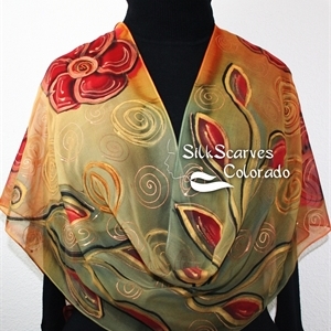 Olive, Copper Chiffon Hand Painted Silk Shawl. Handmade Scarf CANYON FLOWERS. Large 14x72. Bridesmaid Gift. Gift-Wrapped