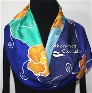 Navy Blue, Orange Hand Painted Silk Scarf ORANGE FLOWERS. Size 11x60. Birthday Gift, Bridesmaid Gift, Mother Gift. Gift-Wrapped.