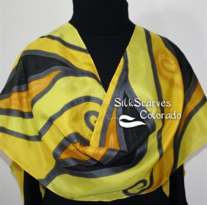 Yellow, Black Hand Painted Silk Shawl GOLDEN HARVEST Large 14x72. Birthday Gift, Bridesmaid Gift, Mother Gift. Gift-Wrapped.
