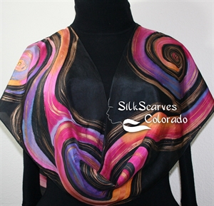Black, Pink, Purple, Orange Hand Painted Silk Scarf LUNAR WINDS. Size 14x72. Birthday Gift, Bridesmaid Gift, Mother Gift. Gift-Wrapped.