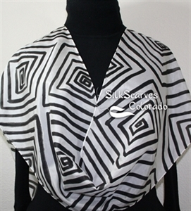 White, Black Hand Painted Silk Scarf SNOW LABYRINTH. Size 11x60. Birthday Gift, Bridesmaid Gift, Mother Gift. Gift-Wrapped.