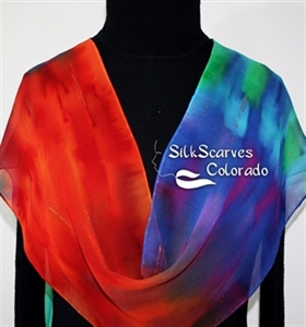 Red, Green, Blue Hand Painted Chiffon Silk Shawl NEON FLAMES. Size 14x72. Birthday Gift, Bridesmaid Gift, Mother Gift. Gift-Wrapped.