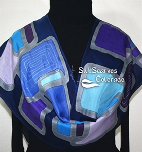 Blue, Purple Handpainted Silk Scarf JAZZ CLUB. Size 14x72. Birthday, Anniversary Gift.