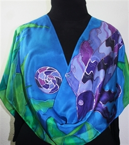 Blue, Purple, Green Hand Painted Silk Shawl MAKE A WISH. Large 14x72. Ocean-Inspired Scarf. Birthday Gift, Bridesmaid Gift, Silk Art.