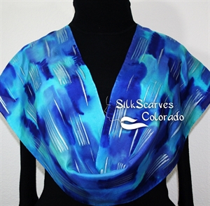 Blue, Turquoise Hand Painted Silk Shawl RAINY DAY. Size 11x60. Birthday Gift, Anniversary Gift, Christmas Gift.