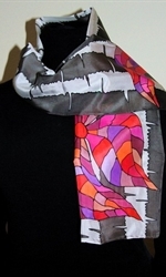 Black and White Silk Scarf with Big Red Mosaic Flowers - 2