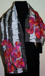 Black and White Silk Scarf with Big Red Mosaic Flowers - 3